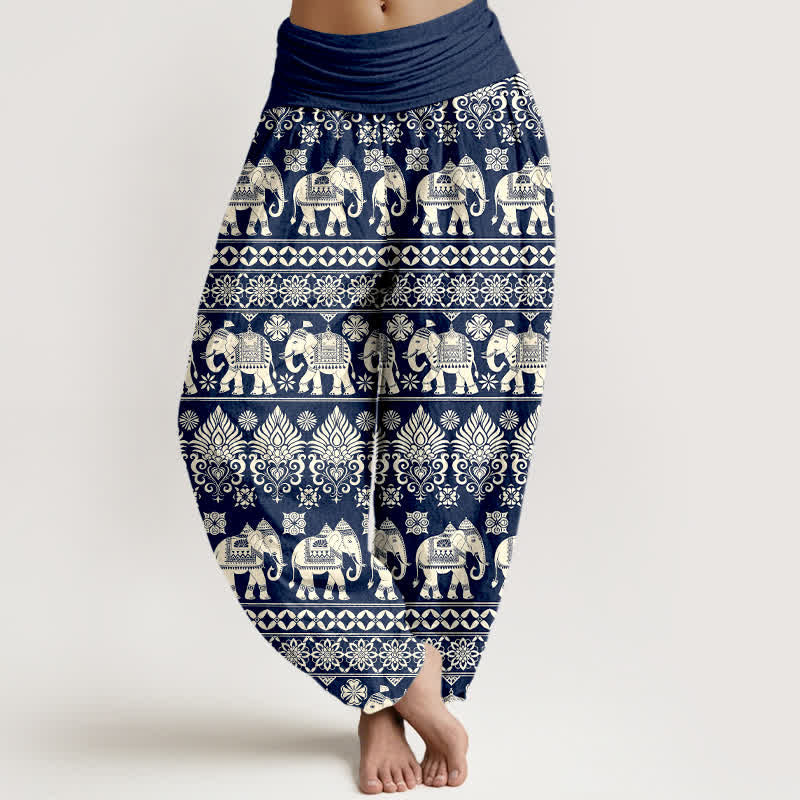 Buddha Stones Cotton Elephant Tribal Stripe Pattern Women's Elastic Waist Harem Pants - Navy - US16，UK/AU20，EU48 (3XL) - image 0