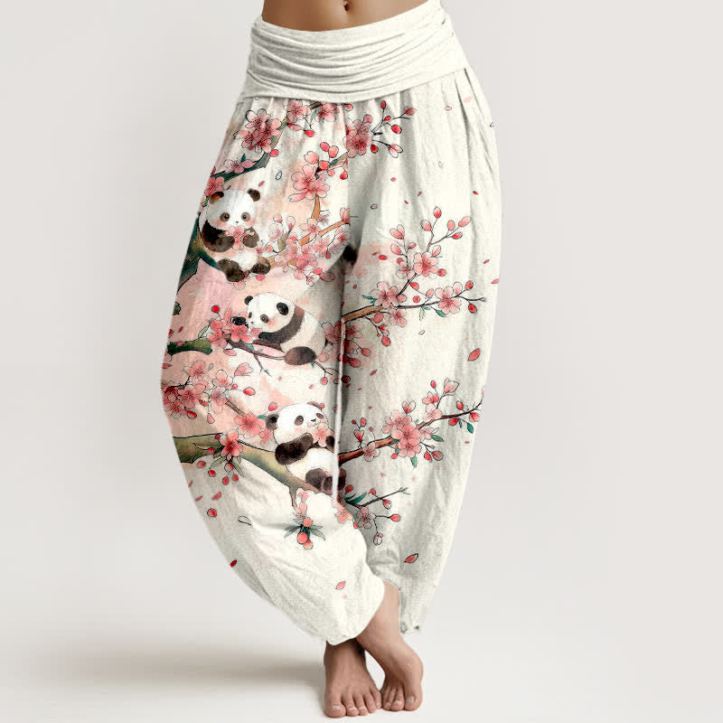Buddha Stones Cotton Panda Sakura Blossom Pattern Women's Elastic Waist Harem Pants - White - US16，UK/AU20，EU48 (3XL) - image 0