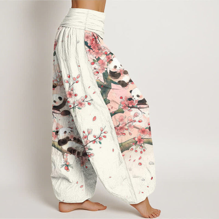 Buddha Stones Cotton Panda Sakura Blossom Pattern Women's Elastic Waist Harem Pants - image 1
