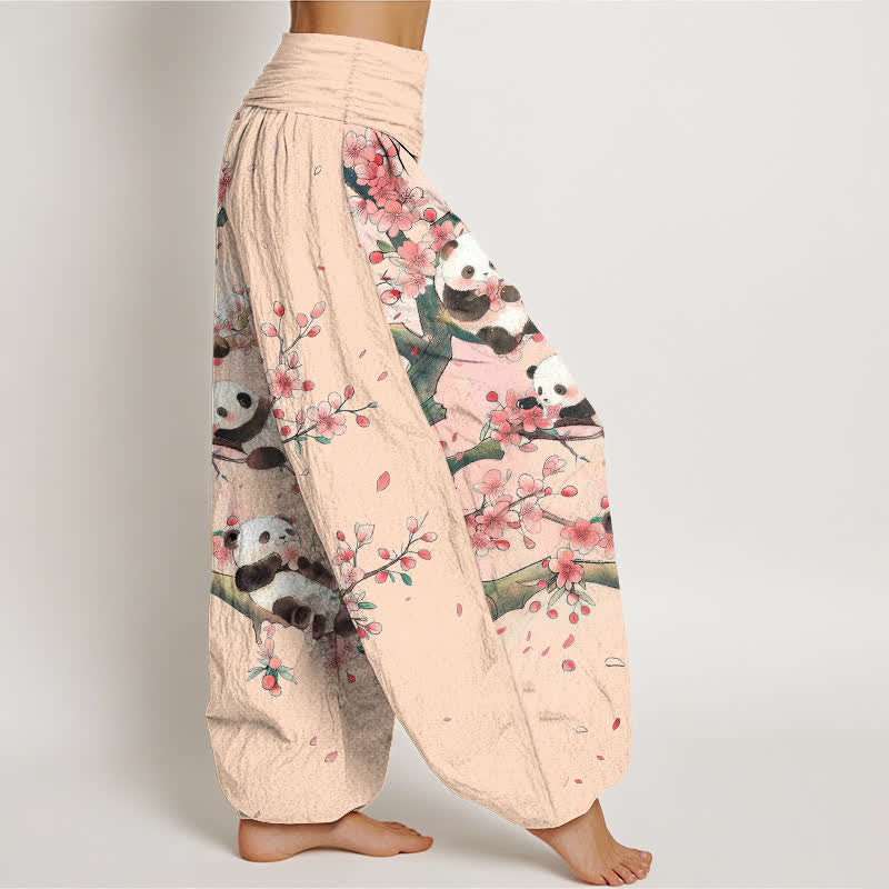 Buddha Stones Cotton Panda Sakura Blossom Pattern Women's Elastic Waist Harem Pants - image 9