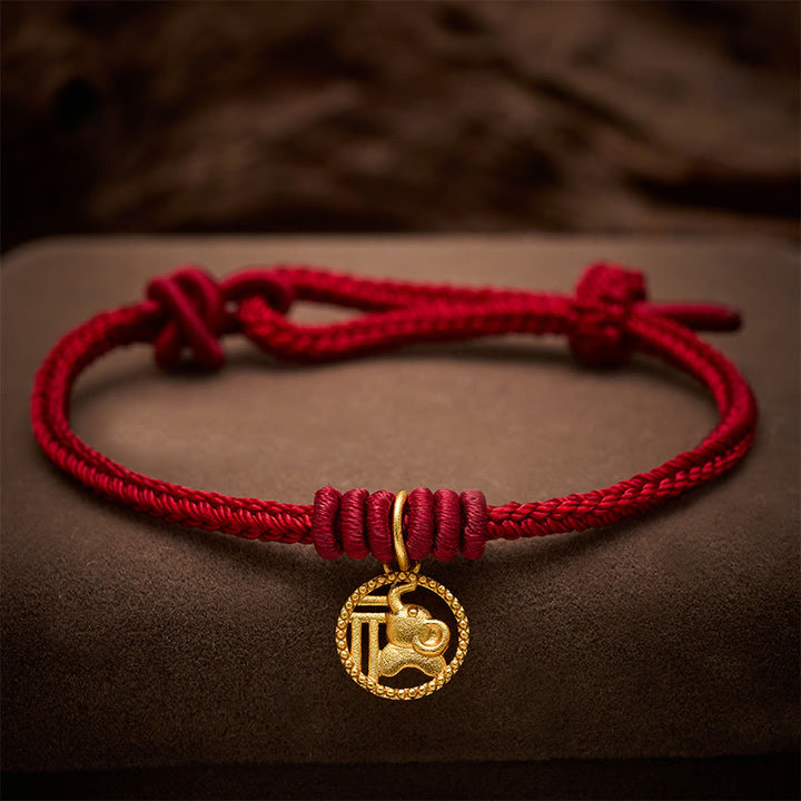 Buddha Stones Elephant Fu Character Gold Plated Copper Red String Wealth Bracelet - Dark Red(Wrist Circumference 15-18cm) - image 11