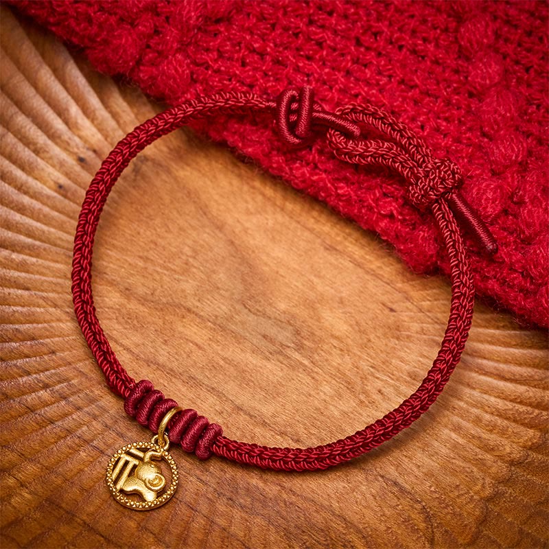 Buddha Stones Elephant Fu Character Gold Plated Copper Red String Wealth Bracelet - image 12