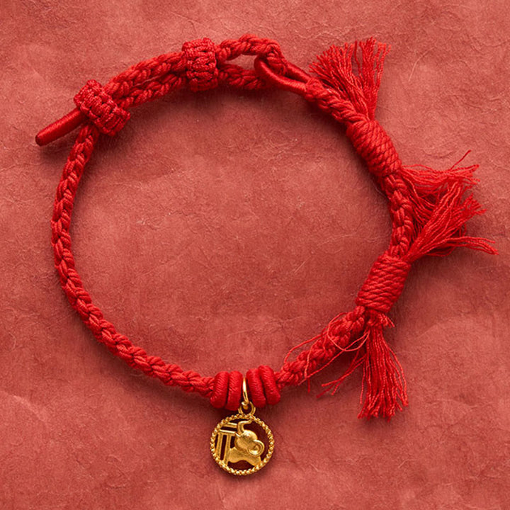 Buddha Stones Elephant Fu Character Gold Plated Copper Red String Balance Tibet Bracelet - image 4