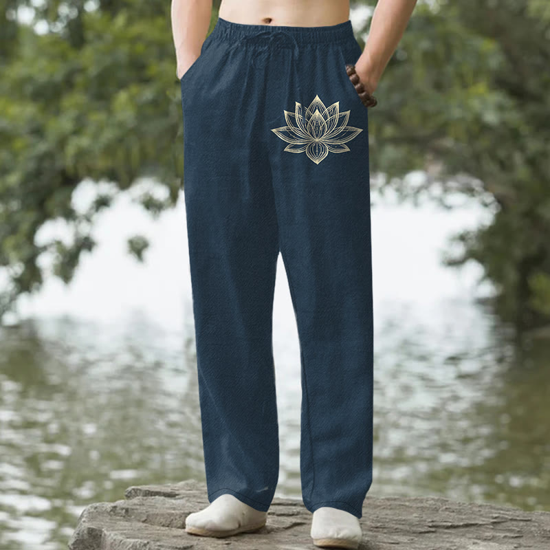 Buddha Stones Cotton Golden Lotus Pattern Men's Tapered Pants With Pockets - Navy - US/UK/AU50，EU60 (5XL) - image 0
