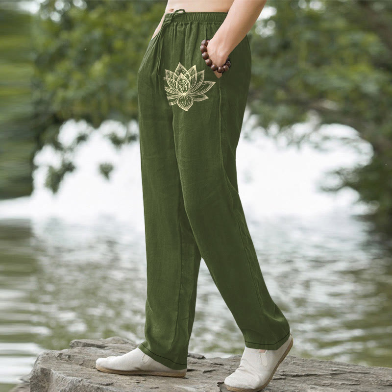 Buddha Stones Cotton Golden Lotus Pattern Men's Tapered Pants With Pockets - image 5