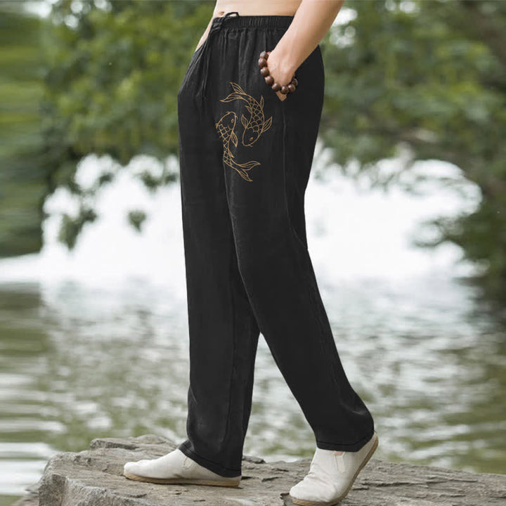 Buddha Stones Cotton Golden Koi Pattern Men's Tapered Pants With Pockets - image 1