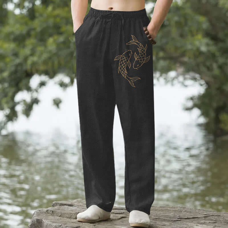Buddha Stones Cotton Golden Koi Pattern Men's Tapered Pants With Pockets - Black - US/UK/AU50，EU60 (5XL) - image 0