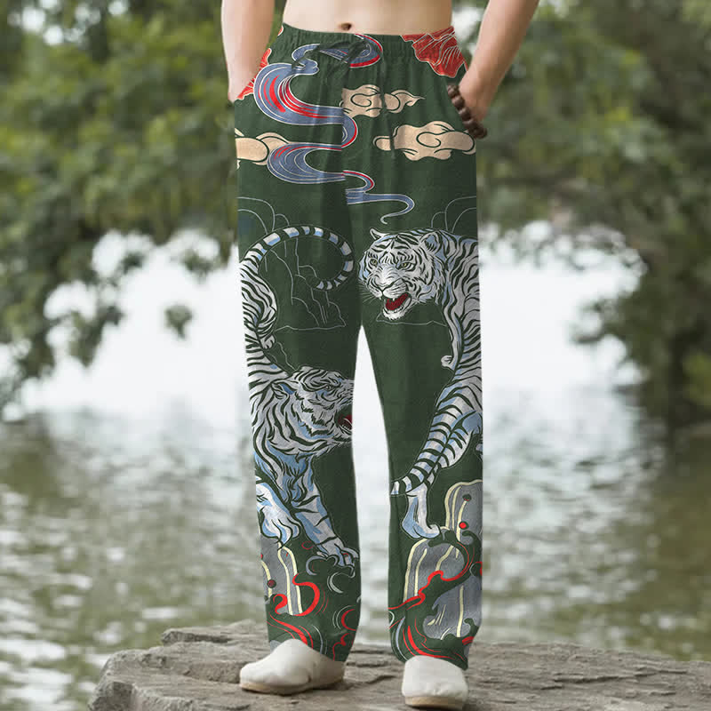 Buddha Stones Cotton White Tiger Cloud Pattern Men's Tapered Pants With Pockets - ForestGreen - US/UK/AU50，EU60 (5XL) - image 6