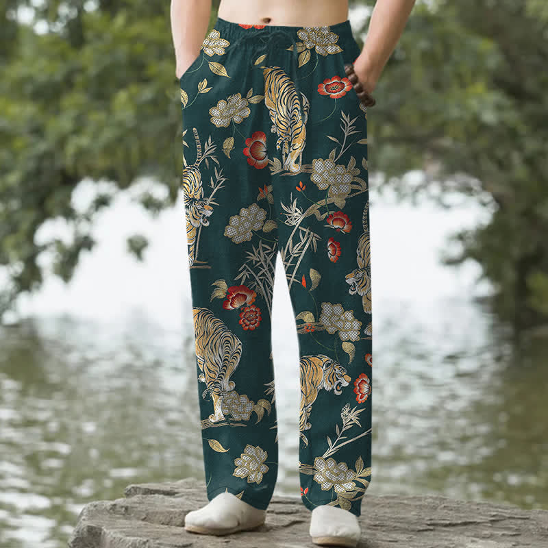 Buddha Stones Cotton Tiger Floral Bamboo Pattern Men's Tapered Pants With Pockets - Teal - US/UK/AU50，EU60 (5XL) - image 4