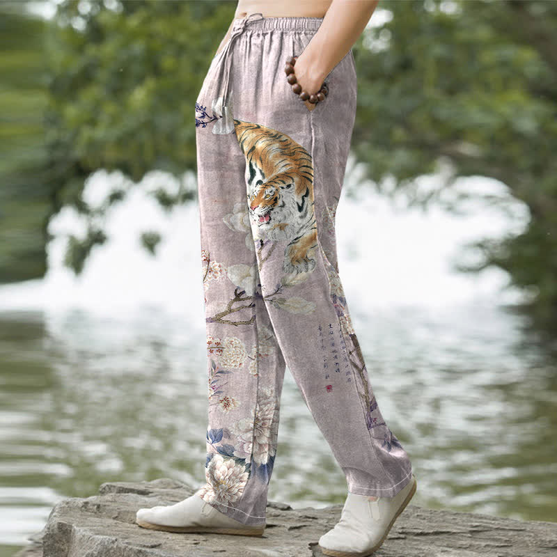 Buddha Stones Cotton Vintage Tiger Floral Ink Pattern Men's Tapered Pants With Pockets - image 7