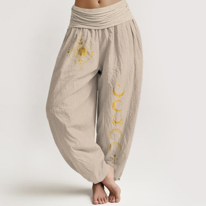 Buddha Stones Pure Cotton Golden Moon Phase Pattern Women's Elastic Waist Harem Pants - Tan - US16，UK/AU20，EU48 (3XL) - image 14