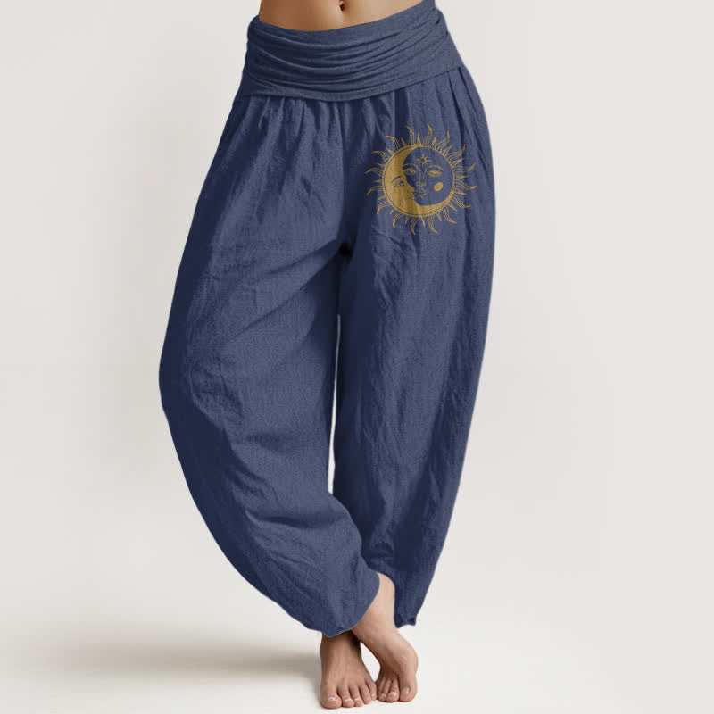 Buddha Stones Pure Cotton Golden Sun Moon Pattern Women's Elastic Waist Harem Pants - DarkSlateBlue - US16，UK/AU20，EU48 (3XL) - image 8