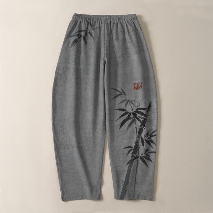 Buddha Stones Pure Cotton Ink Bamboo Pattern Drawstring Men's Tapered Pants With Pockets - image 3