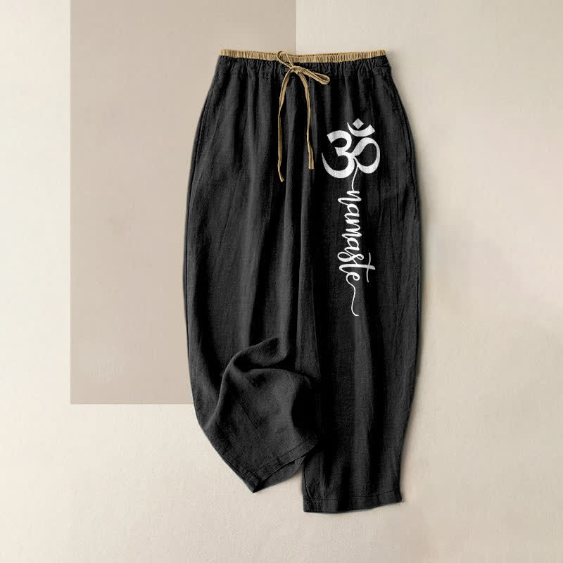 Buddha Stones Pure Cotton Om Symbol Pattern Women's Elastic Waist Pants With Pockets - Black - US16，UK/AU20，EU48 (3XL) - image 4