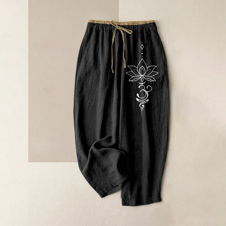 Buddha Stones Pure Cotton Zen Lotus Om Pattern Women's Elastic Waist Pants With Pockets - Black - US16，UK/AU20，EU48 (3XL) - image 0