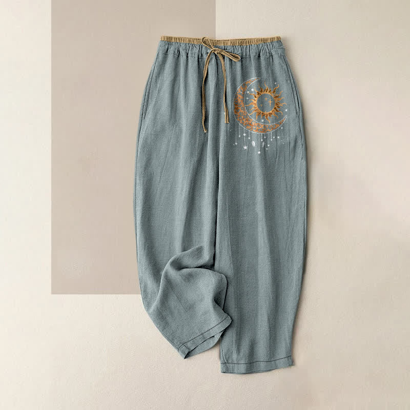 Buddha Stones Pure Cotton Celestial Sun Moon Pattern Women's Elastic Waist Pants With Pockets - LightBlue - US16，UK/AU20，EU48 (3XL) - image 8
