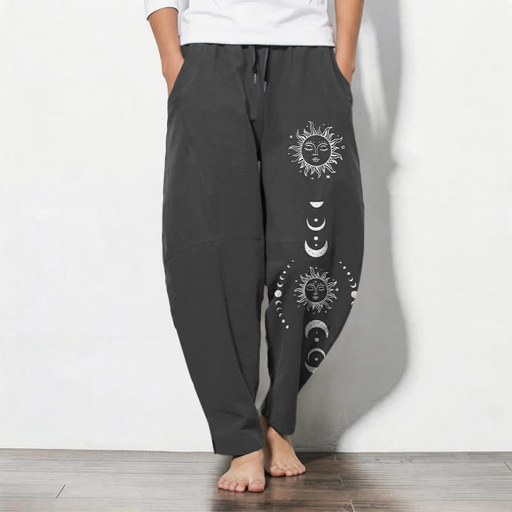 Buddha Stones Pure Cotton Sun Moon Phase Pattern Drawstring Men's Tapered Pants With Pockets - Black - US/UK/AU50，EU60 (5XL) - image 0