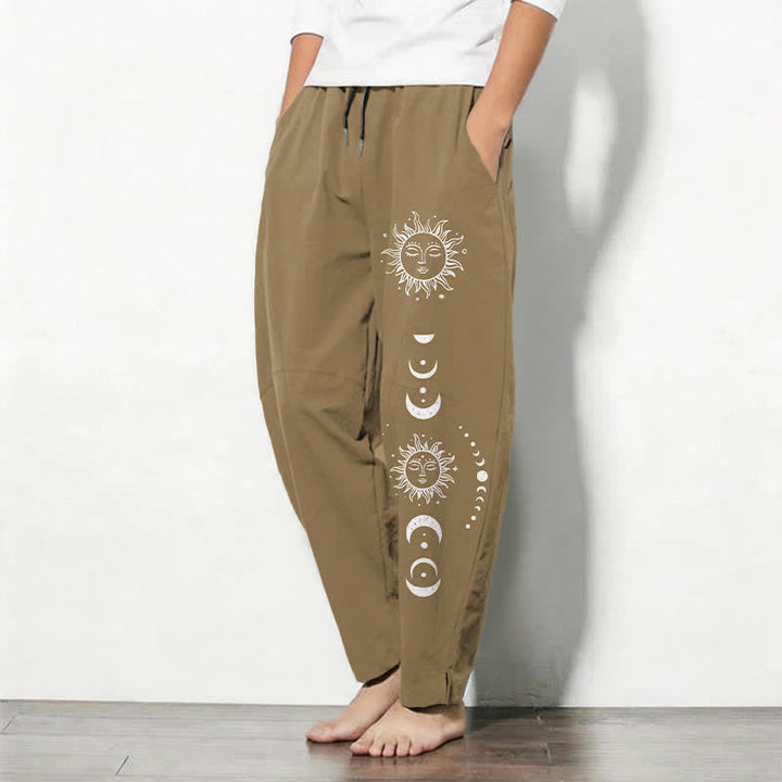 Buddha Stones Pure Cotton Sun Moon Phase Pattern Drawstring Men's Tapered Pants With Pockets - image 8