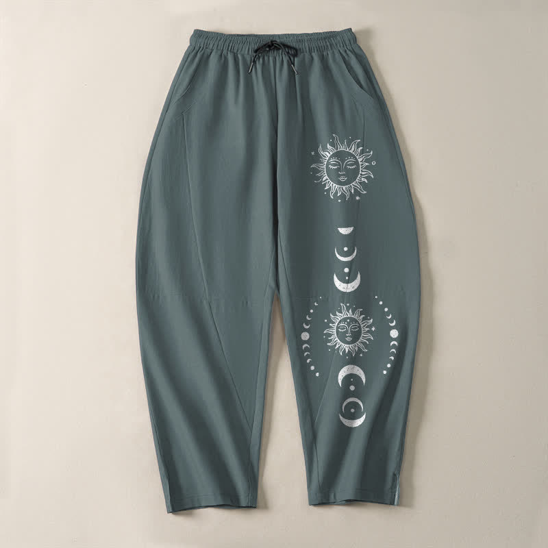 Buddha Stones Pure Cotton Sun Moon Phase Pattern Drawstring Men's Tapered Pants With Pockets - image 13