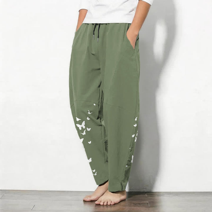 Buddha Stones Pure Cotton White Butterfly Cluster Pattern Drawstring Men's Tapered Pants With Pockets - image 8