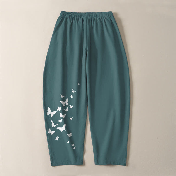 Buddha Stones Pure Cotton White Butterfly Cluster Pattern Drawstring Men's Tapered Pants With Pockets - image 14