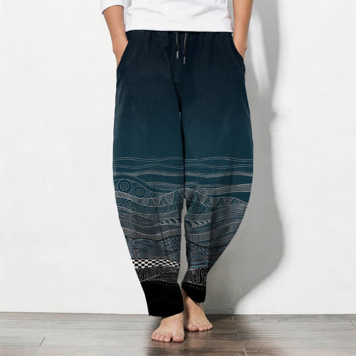 Buddha Stones Pure Cotton Tribal Wave Pattern Drawstring Men's Tapered Pants With Pockets - Teal - US/UK/AU50，EU60 (5XL) - image 0