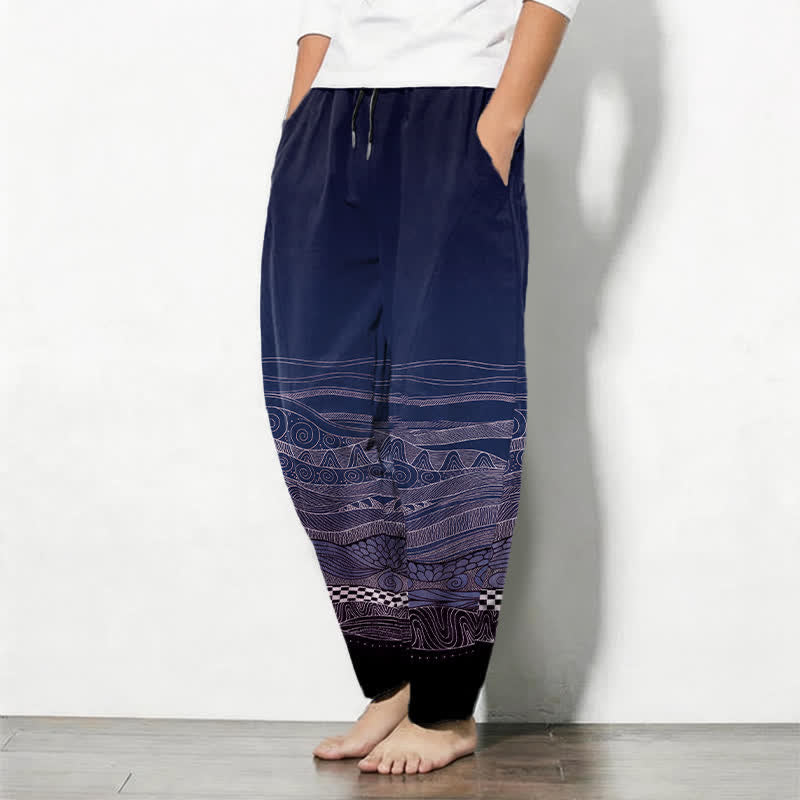 Buddha Stones Pure Cotton Tribal Wave Pattern Drawstring Men's Tapered Pants With Pockets - image 8
