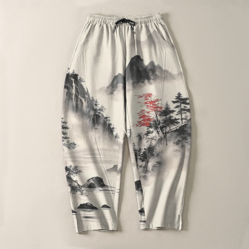 Buddha Stones Pure Cotton Ink Wash Mountain Landscape Pattern Drawstring Men's Tapered Pants With Pockets - image 2