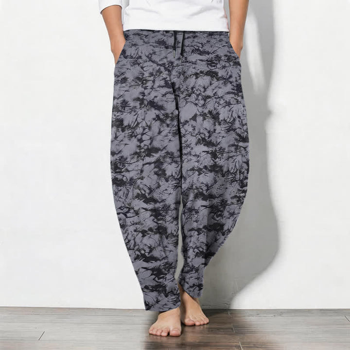 Buddha Stones Pure Cotton Dark Marble Camo Pattern Drawstring Men's Tapered Pants With Pockets - Gray - US/UK/AU50，EU60 (5XL) - image 0
