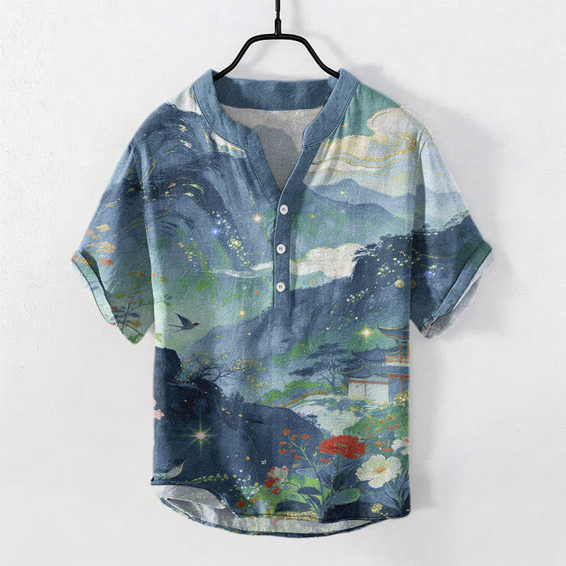 Buddha Stones Cotton Ink Wash Landscape Pattern Men's Short Sleeve Half Button Shirt - CadetBlue - US/UK/AU50，EU60 (5XL) - image 0