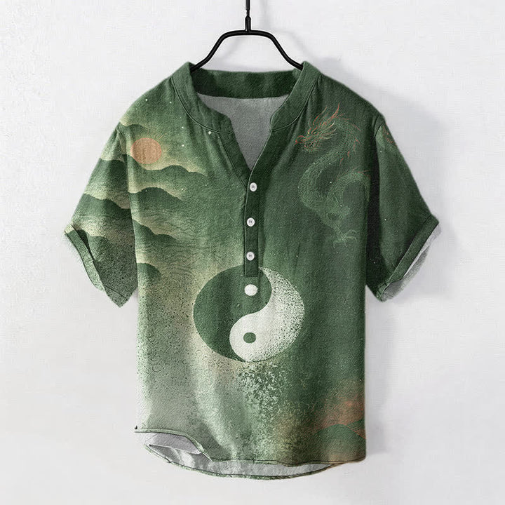 Buddha Stones Cotton Yin Yang Cloud Pattern Men's Short Sleeve Half Button Shirt - DarkOliveGreen - US/UK/AU50，EU60 (5XL) - image 7