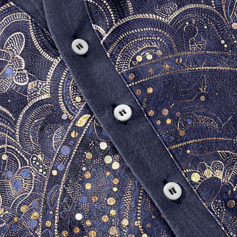 Buddha Stones Cotton Golden Mandala Galaxy Pattern Men's Short Sleeve Half Button Shirt - image 3