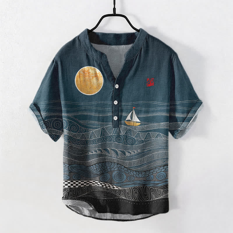 Buddha Stones Cotton Ocean Wave Sailboat Pattern Men's Short Sleeve Half Button Shirt - Teal - US/UK/AU50，EU60 (5XL) - image 0