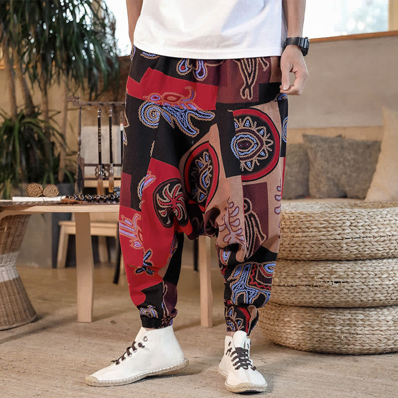 Buddha Stones Grid Flower Print Cotton Men's Harem Cropped Pants With Pockets - image 1