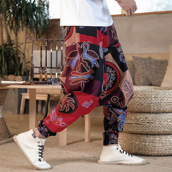 Buddha Stones Grid Flower Print Cotton Men's Harem Cropped Pants With Pockets - image 6