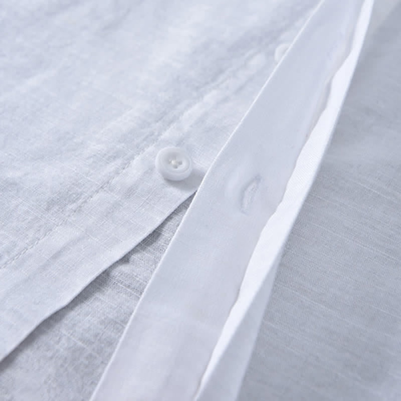 Buddha Stones Spring Casual Mandarin Collar Button-Up Solid Cotton Linen Men's Long Sleeve Shirts - image 19