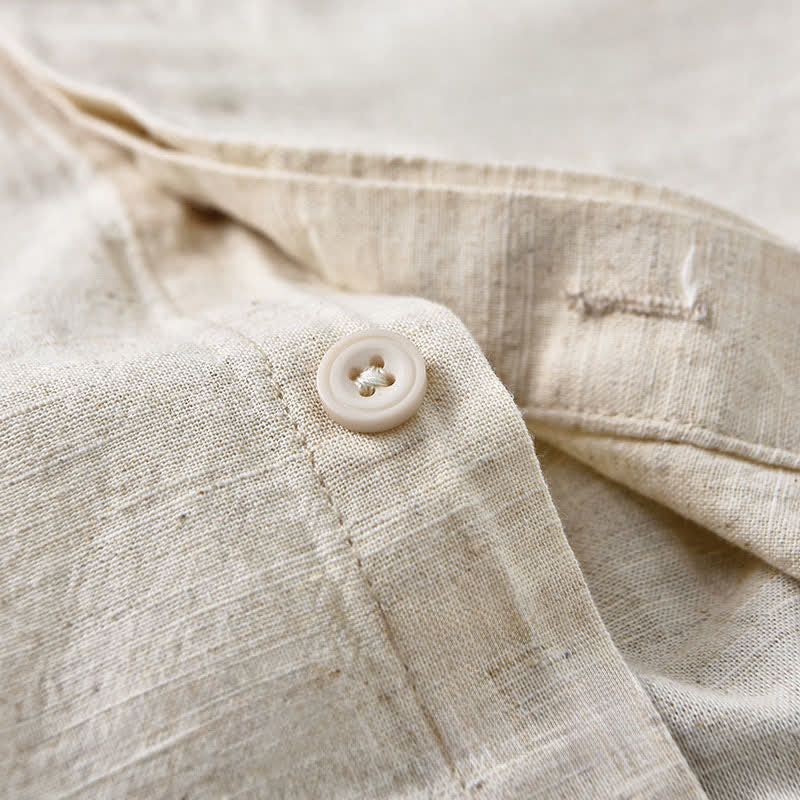 Buddha Stones Spring Casual Mandarin Collar Button-Up Solid Cotton Linen Men's Long Sleeve Shirts - image 5