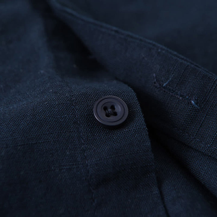 Buddha Stones Spring Casual Mandarin Collar Button-Up Solid Cotton Linen Men's Long Sleeve Shirts - image 11