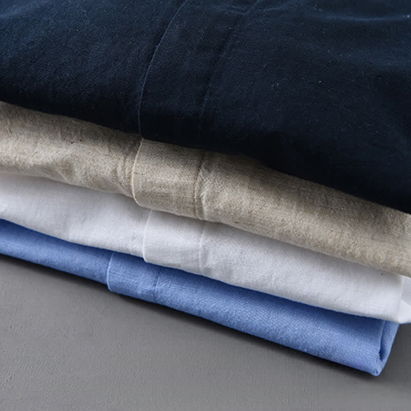 Buddha Stones Spring Casual Mandarin Collar Button-Up Solid Cotton Linen Men's Long Sleeve Shirts - image 22