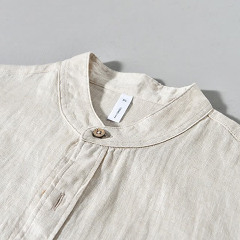 Buddha Stones Spring Casual Mandarin Collar Solid Linen Men's Long Sleeve Shirts With Patch Pocket - image 4