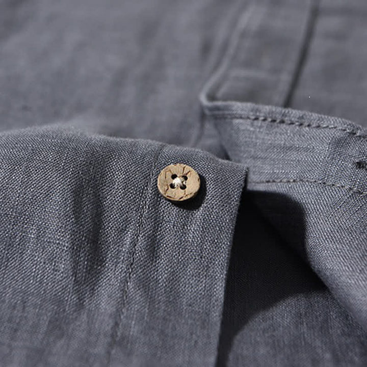 Buddha Stones Spring Casual Mandarin Collar Solid Linen Men's Long Sleeve Shirts With Patch Pocket - image 15
