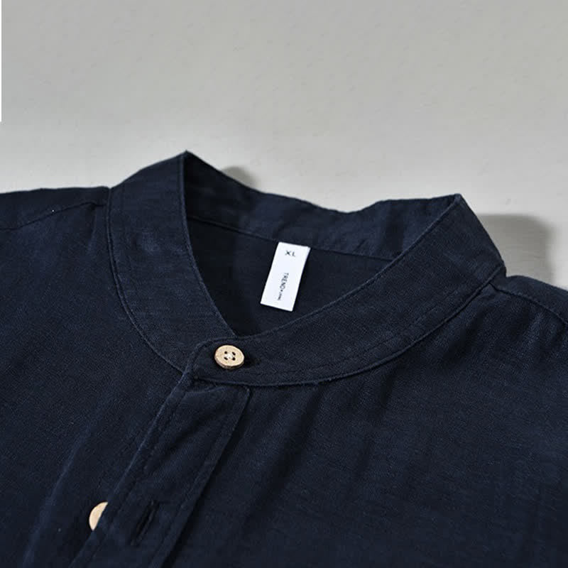 Buddha Stones Spring Casual Mandarin Collar Solid Linen Men's Long Sleeve Shirts With Patch Pocket - image 10