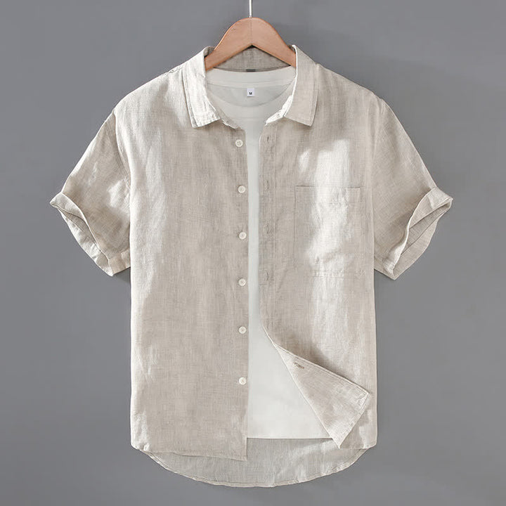 Buddha Stones Summer Casual Button-Up Solid Linen Men's Short Sleeve Shirts With Patch Pocket - Beige - US/UK/AU42，EU52 (3XL) - image 0