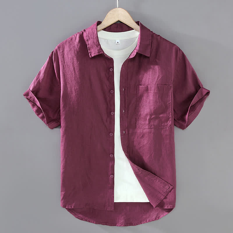 Buddha Stones Summer Casual Button-Up Solid Linen Men's Short Sleeve Shirts With Patch Pocket - PaleVioletRed - US/UK/AU42，EU52 (3XL) - image 11