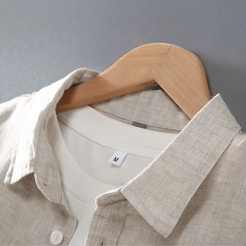 Buddha Stones Summer Casual Button-Up Solid Linen Men's Short Sleeve Shirts With Patch Pocket - image 2
