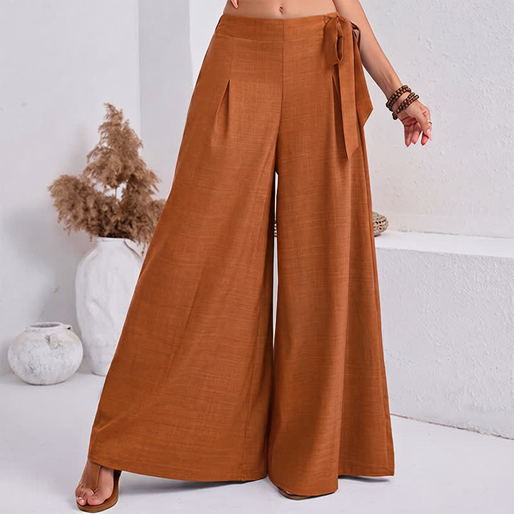 Buddha Stones Spring Casual Retro Plain Drawstring Women's Wide Leg Pants With Pockets - image 15