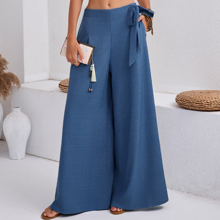 Buddha Stones Spring Casual Retro Plain Drawstring Women's Wide Leg Pants With Pockets - image 3