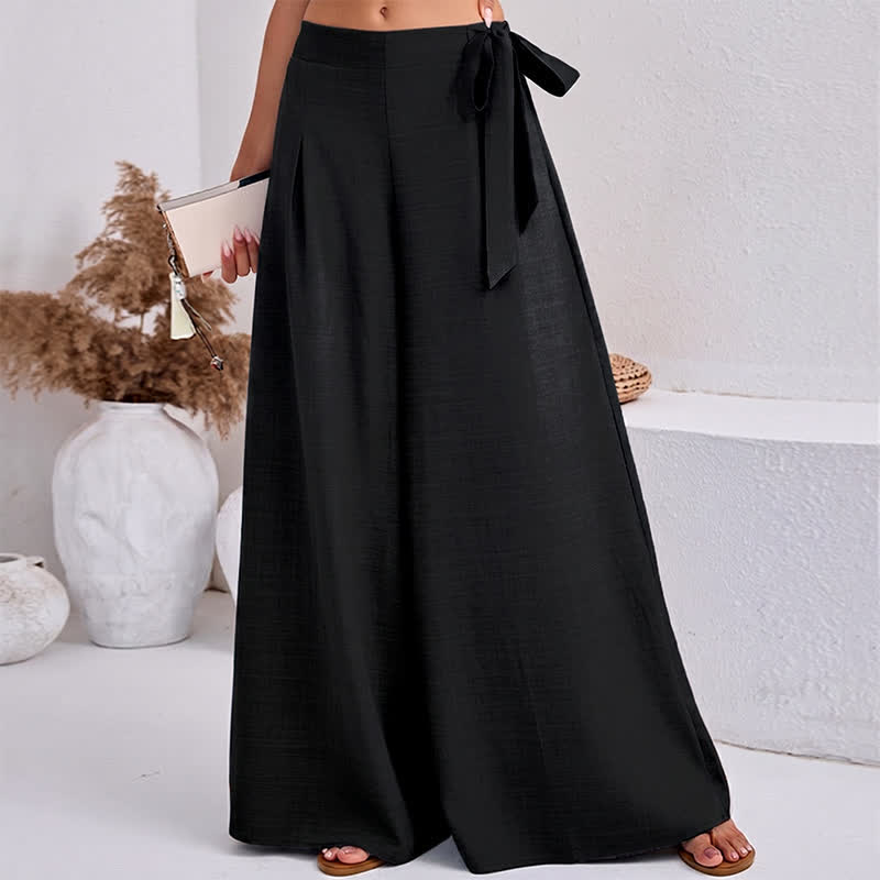 Buddha Stones Spring Casual Retro Plain Drawstring Women's Wide Leg Pants With Pockets - image 8
