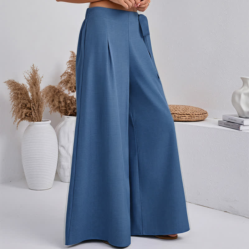 Buddha Stones Spring Casual Retro Plain Drawstring Women's Wide Leg Pants With Pockets - image 1