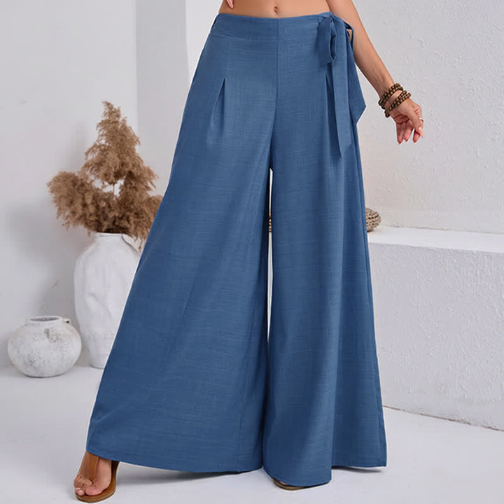 Buddha Stones Spring Casual Retro Plain Drawstring Women's Wide Leg Pants With Pockets - image 2